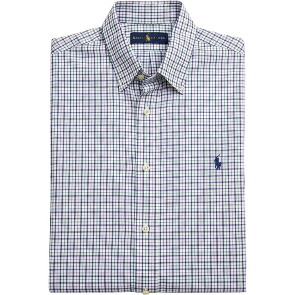 Ralph Lauren Mens Purple Green Tattersall Check Button Down Shirt Large L Cotton